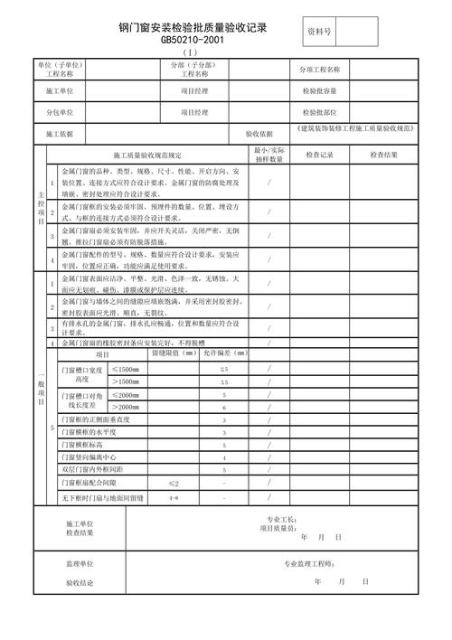钢门窗安装检验批质量验收记录表